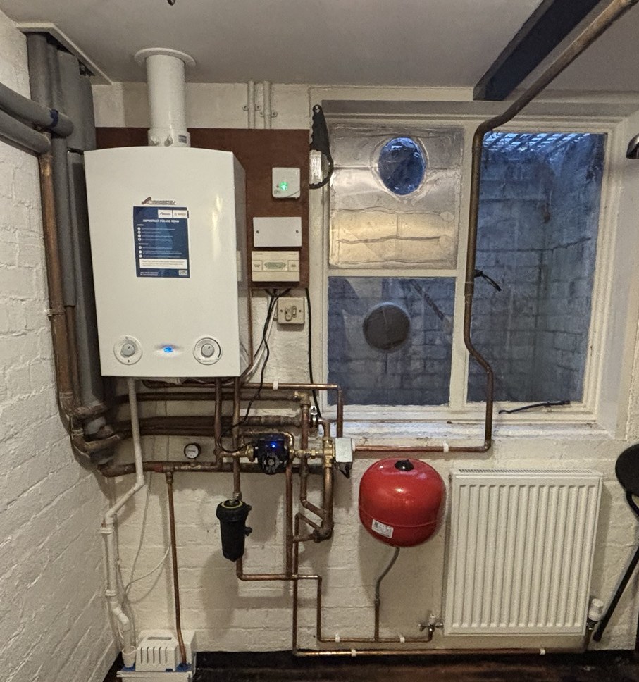 Boiler room with new Worcester boiler, pump, filter and expansion vessel