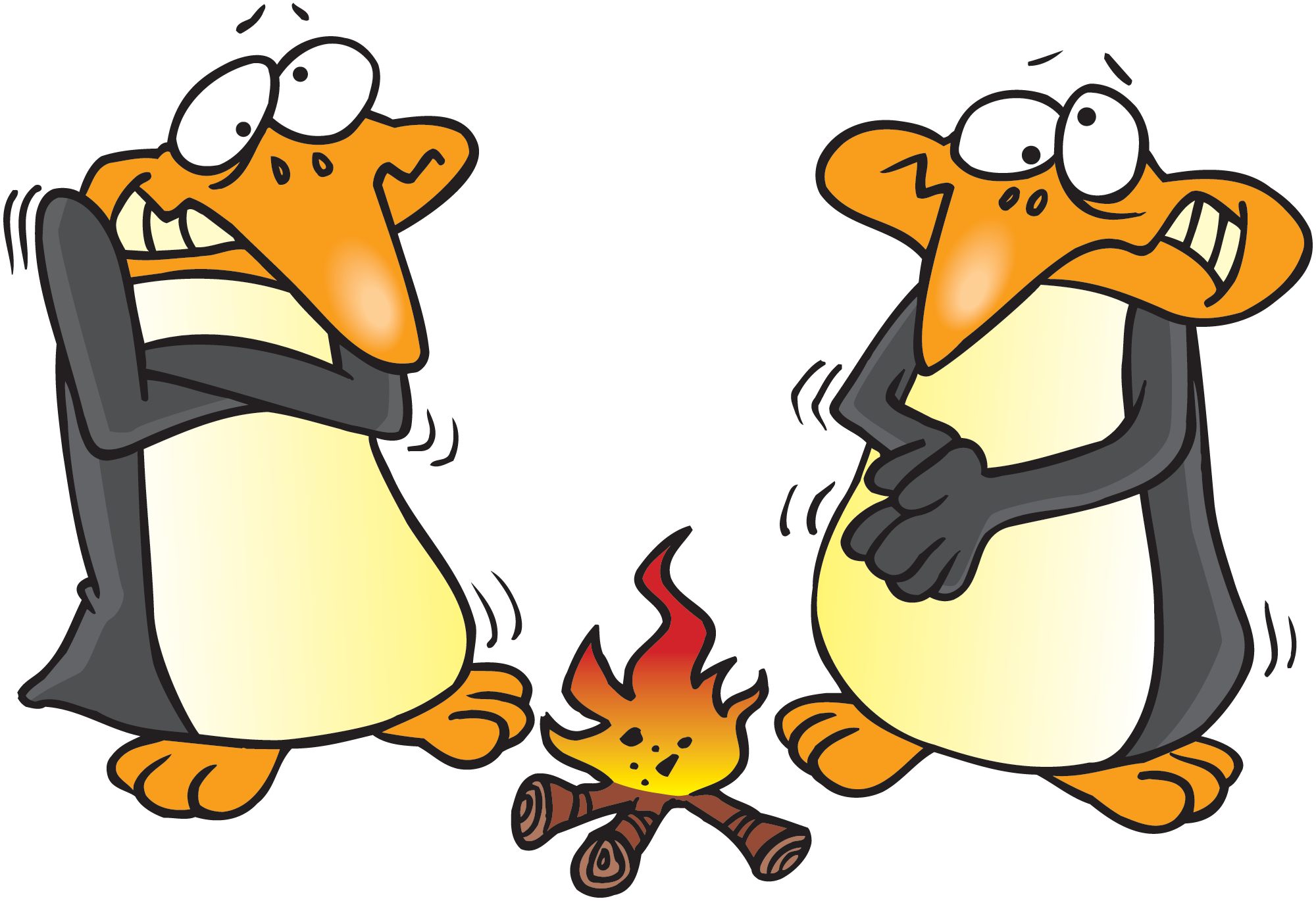 Two cartoon penguins shivering beside a small campfire